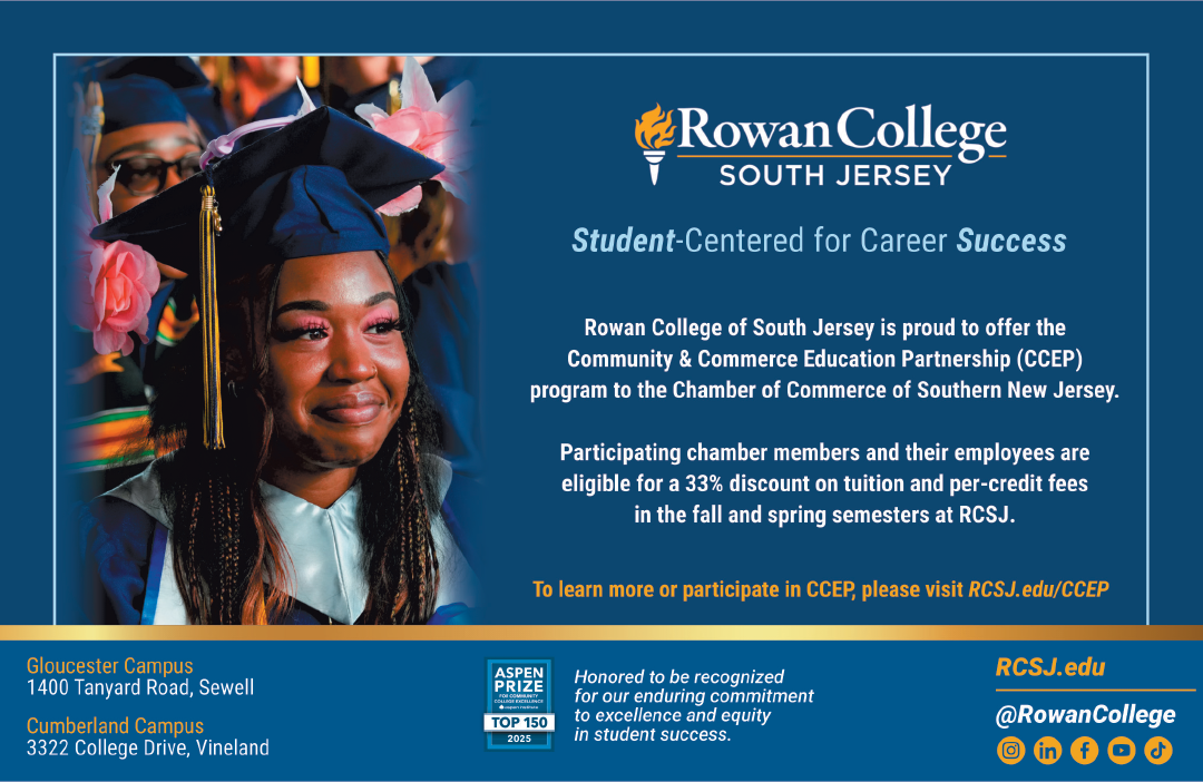 A person wearing a graduation cap and gown is featured alongside text promoting Rowan College of South Jersey's Community & Commerce Education Partnership program offering tuition discounts for eligible chamber members and employees. Description generated by AI