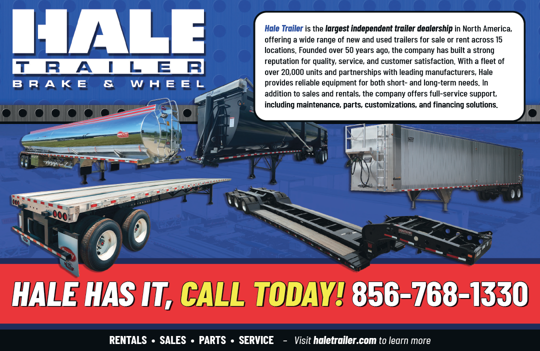 A promotional graphic for Hale Trailer Brake & Wheel features two large trailers on a blue background with text highlighting the company as a leading independent trailer dealership offering sales, rentals, parts, service, and financing solutions. Description generated by AI