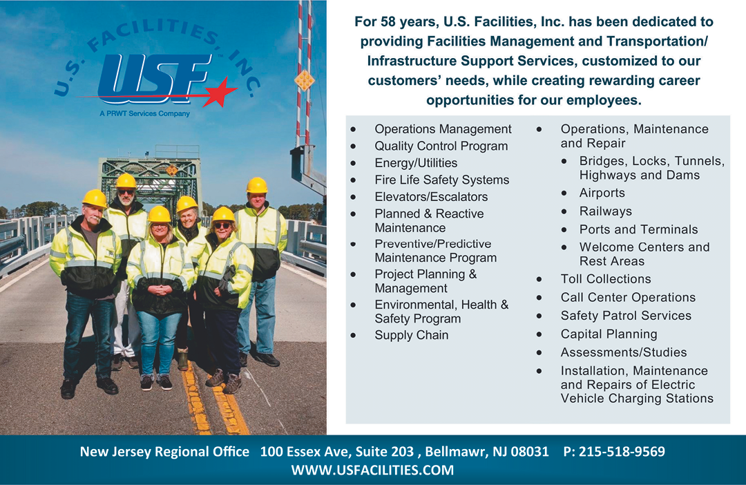 Five adults wearing safety helmets and reflective jackets stand in front of industrial equipment with a blue sky background and a text panel describing U.S. Facilities Inc.'s services and contact information. Description generated by AI