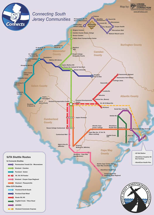 A colorful transit map showing multiple train lines connecting various communities in South Jersey across several counties with labeled stations and landmarks. Description generated by AI