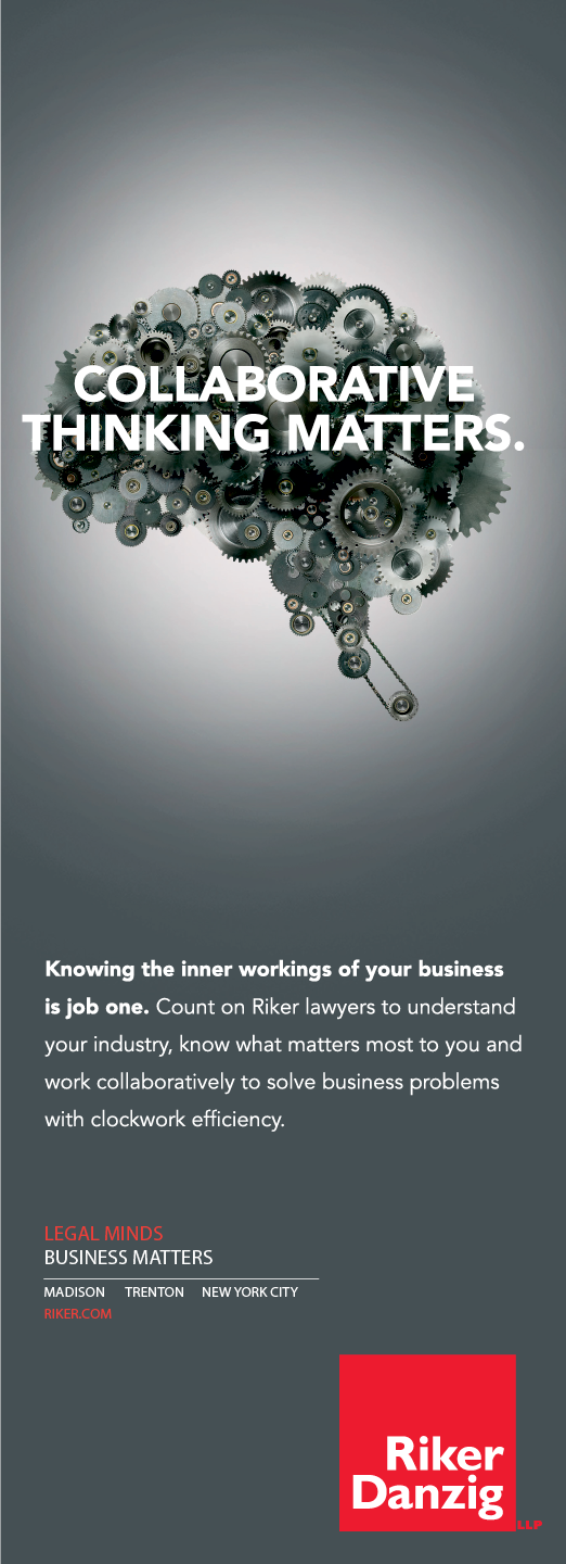 A digital brain composed of interconnected gears and cogs with the text “Collaborative Thinking Matters" overlaid and a message about the importance of collaboration in solving business problems, accompanied by the Riker Danzig logo. Description generated by AI