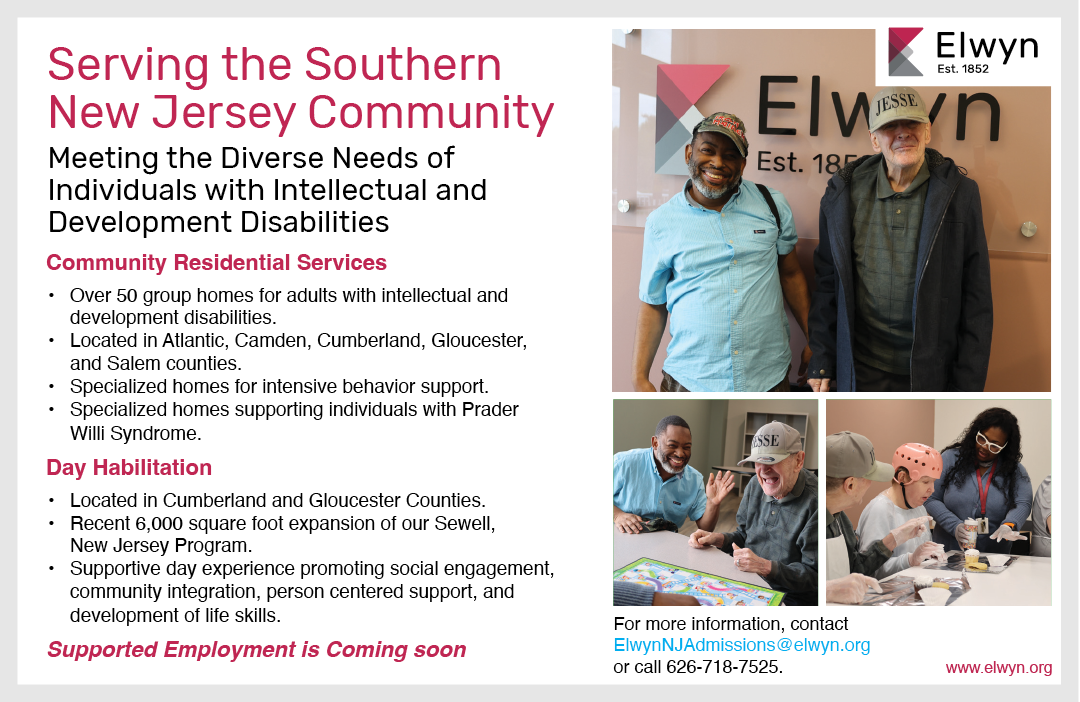 A flyer promoting services for adults with intellectual and developmental disabilities in Southern New Jersey shows adults in casual clothing standing and sitting while engaging in activities, alongside text detailing available programs and contact information. Description generated by AI