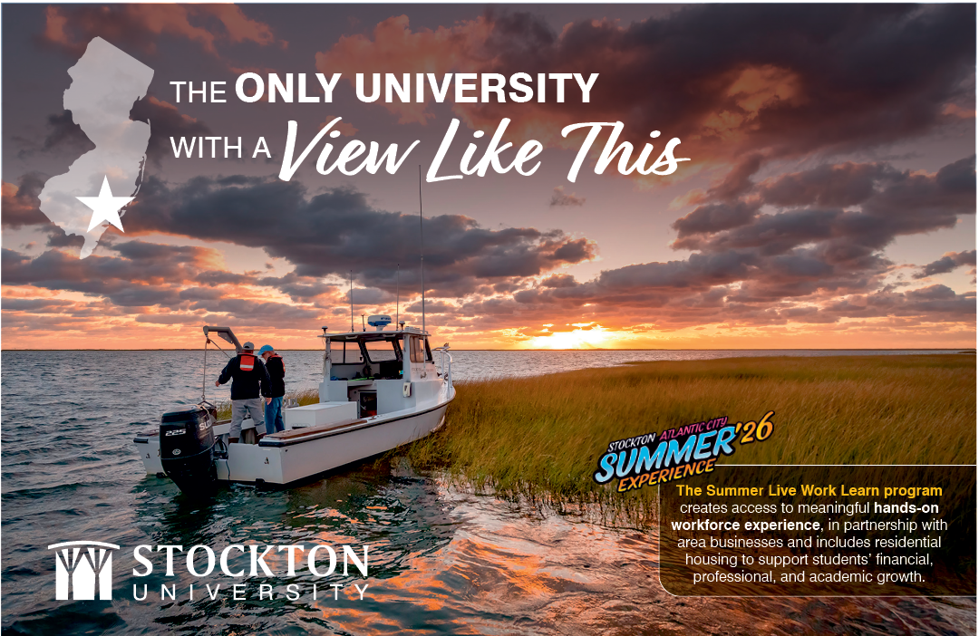 Two adults stand on a boat near a marsh at sunset with text promoting Stockton University as the only university with a view like this and highlighting a summer live work learn program. Description generated by AI
