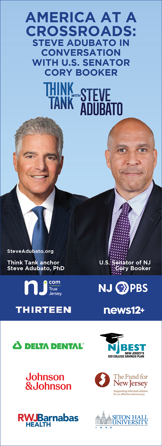 Two adults in suits stand side by side under the title America at a Crossroads with Steve Adubato in conversation with U.S. Senator Cory Booker, accompanied by various sponsor logos. Description generated by AI