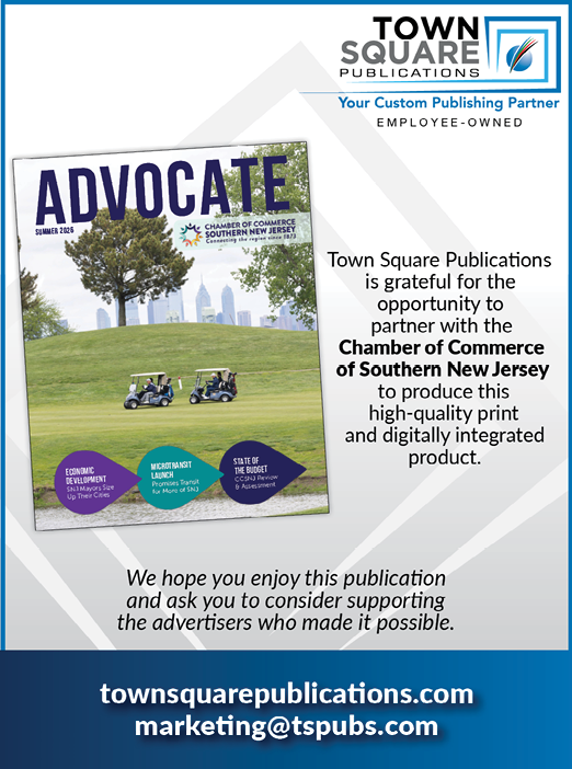 A promotional message from Town Square Publications expresses gratitude to the Chamber of Commerce of Southern New Jersey for partnering to produce a high-quality print and digital publication, featuring a cover image of golf carts on a green field with a city skyline in the background. Description generated by AI