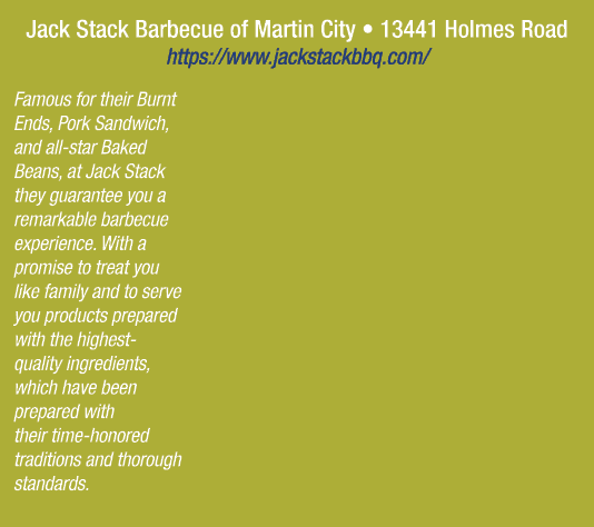 Jack Stack Barbecue of Martin City • 13441 Holmes Road https://www.jackstackbbq.com/ Famous for their Burnt Ends, Por...