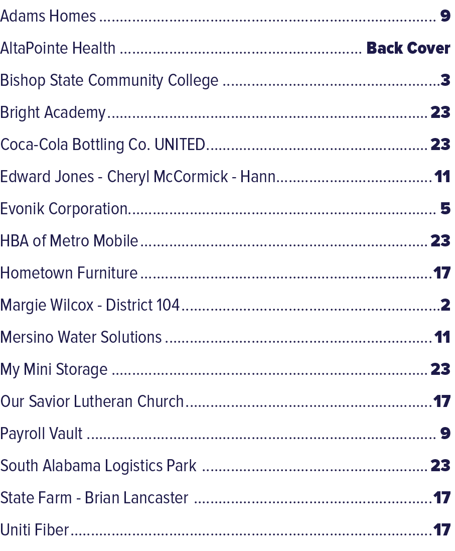 Adams Homes 9 AltaPointe Health Back Cover Bishop State Community College 3 Bright Academy 23 Coca Cola Bottling Co. ...