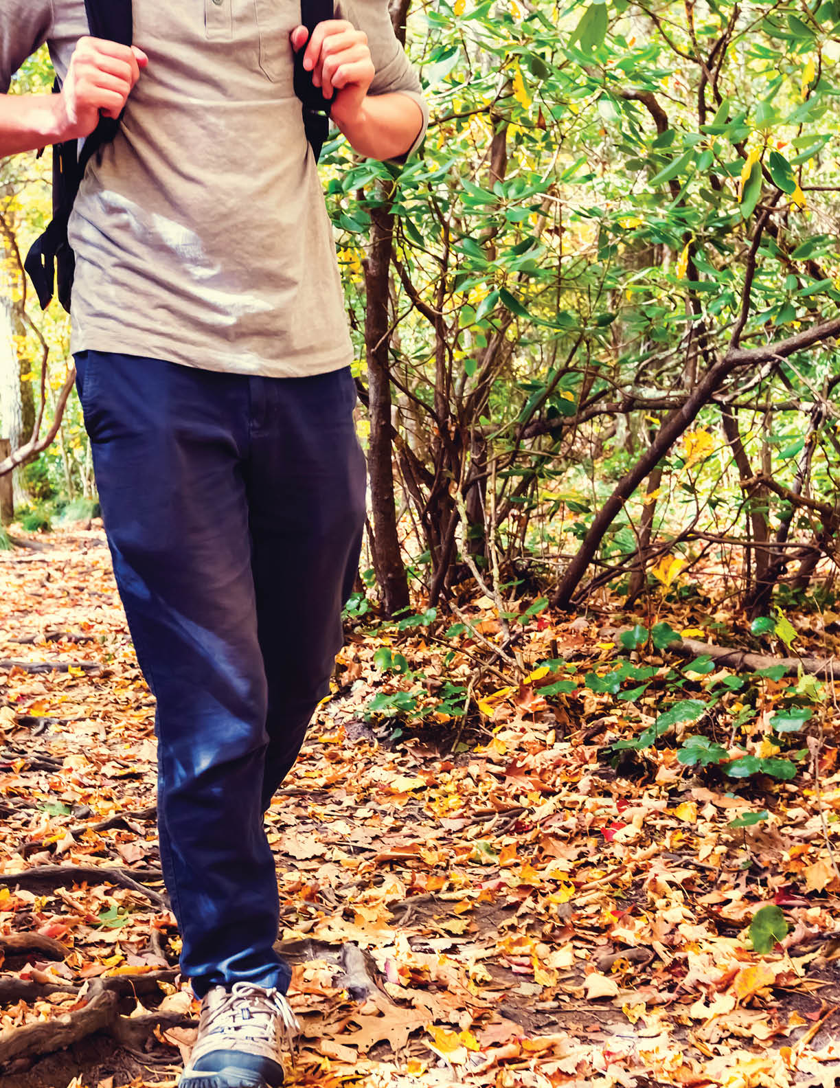 Man walking on a forest path in autumn