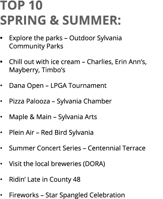 TOP 10 SPRING & SUMMER: • Explore the parks – Outdoor Sylvania Community Parks • Chill out with ice cream – Charlies,...