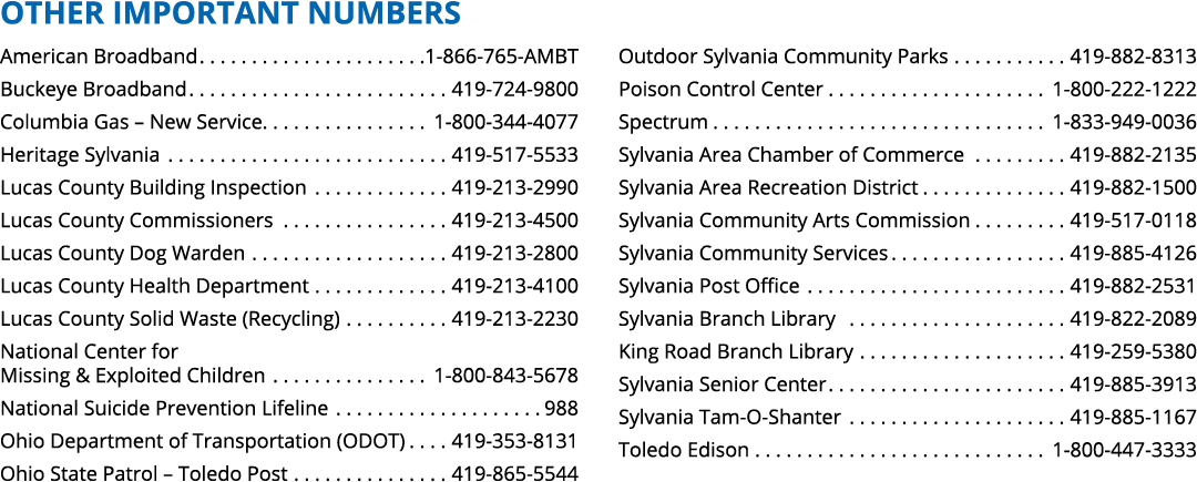 Other Important Numbers American Broadband 1 866 765 AMBT Buckeye Broadband 419 724 9800 Columbia Gas – New Service 1...