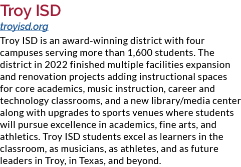 Troy ISD troyisd.org Troy ISD is an award-winning district with four campuses serving more than 1,600 students. The d...