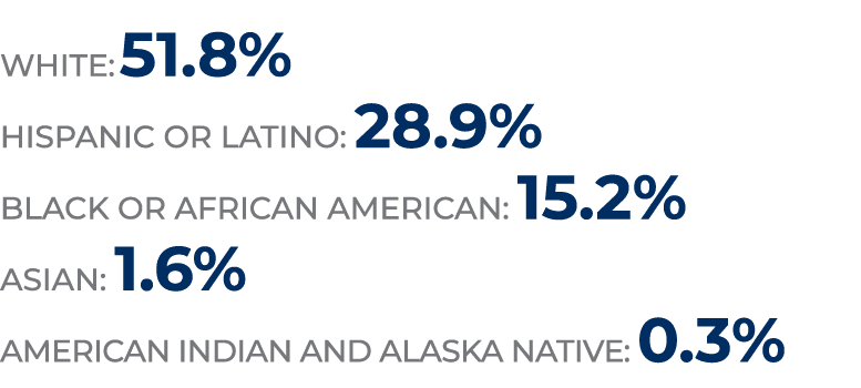 WHITE: 51.8% HISPANIC OR LATINO: 28.9% Black or african american: 15.2% ASIAN: 1.6% AMERICAN INDIAN AND ALASKA NATIVE...