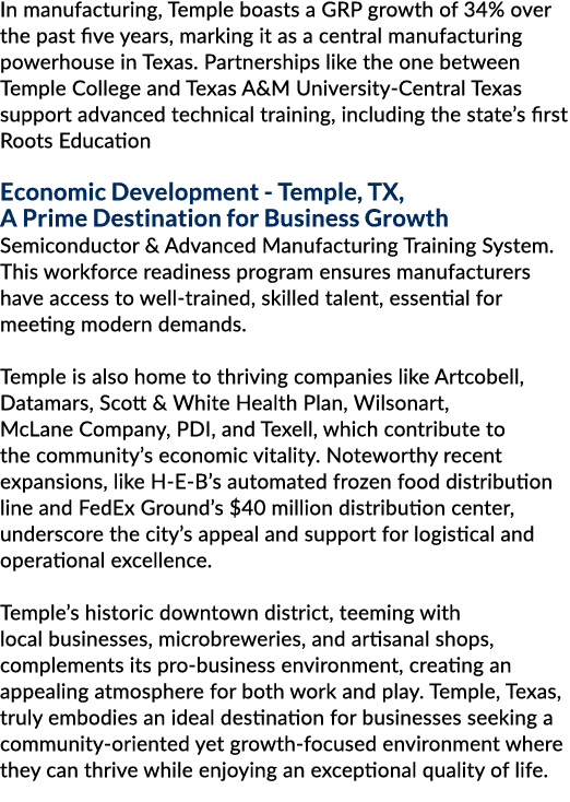 In manufacturing, Temple boasts a GRP growth of 34% over the past five years, marking it as a central manufacturing p...