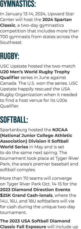 GYMNASTICS: In January 13 14, 2024, Upward Star Center will host the 2024 Spartan Classic, a two day gymnastics compe...