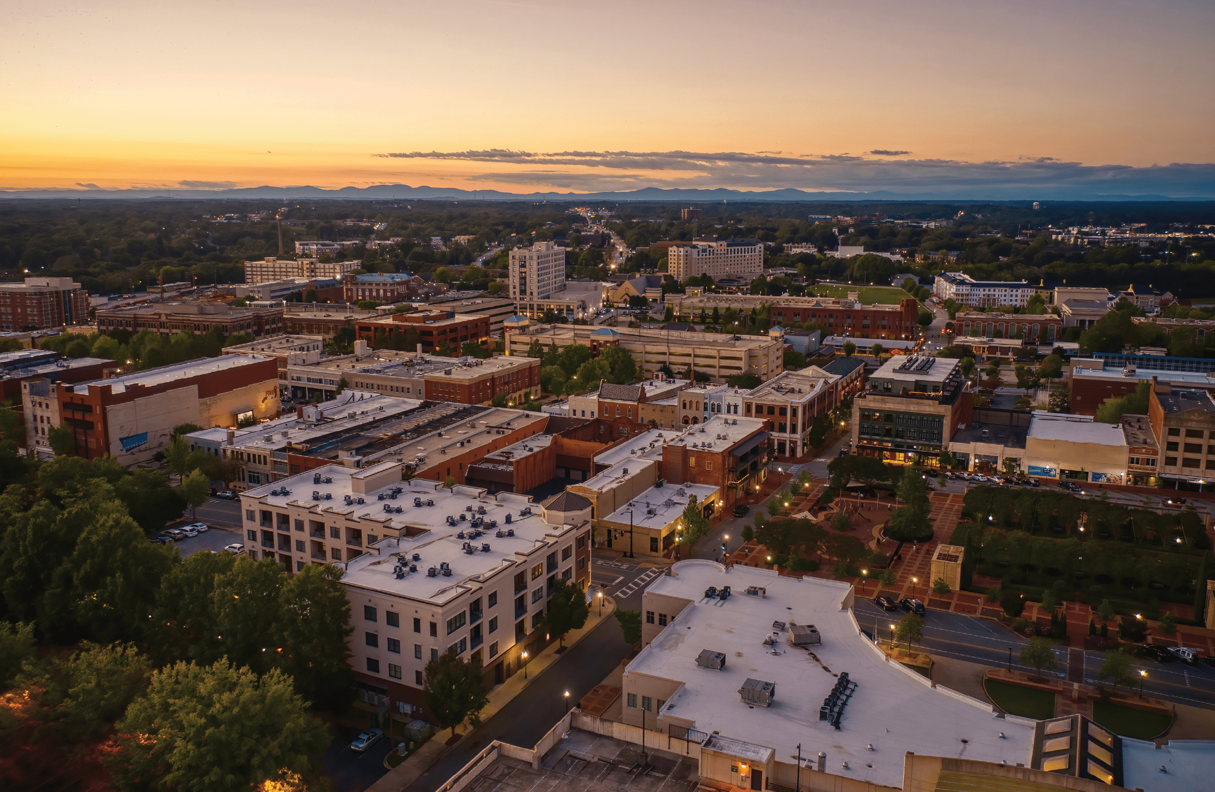 Aerial View of Spartanburg, South Carolina at Dusk