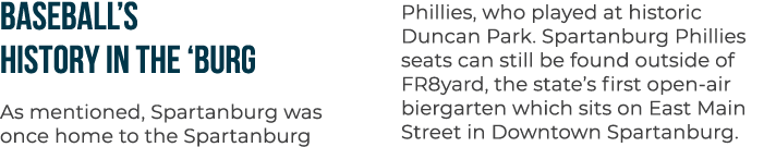 BASEBALL’S HISTORY IN THE ‘BURG As mentioned, Spartanburg was once home to the Spartanburg Phillies, who played at hi...