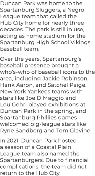 Duncan Park was home to the Spartanburg Sluggers, a Negro League team that called the Hub City home for nearly three ...