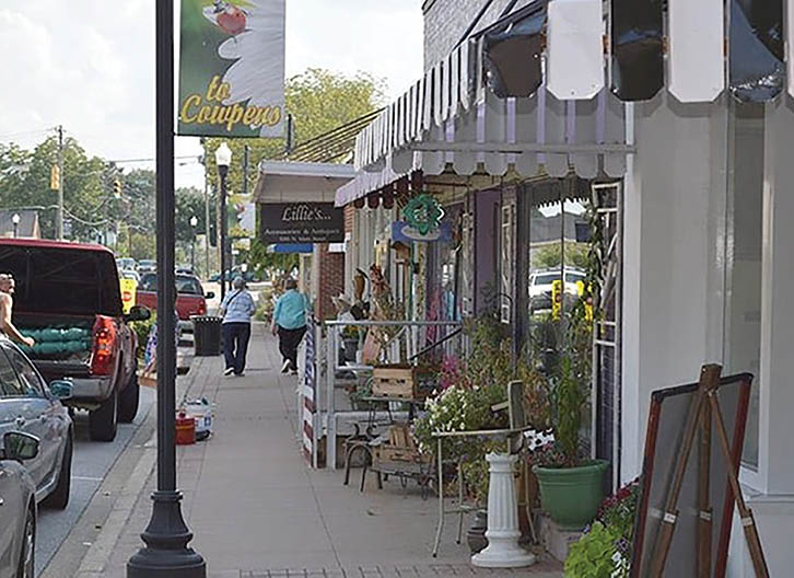 A woman walks down a sidewalk past a storefront with a sign that says “Le Chapeau". There are several potted plants and chairs outside the storefront. A truck is parked on the side of the road. AI generated content