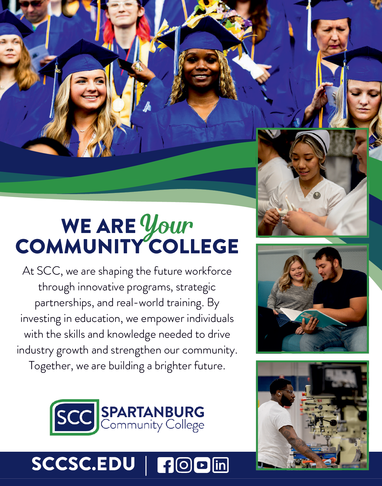 A flyer for a community college features photos of students in caps and gowns. AI generated content