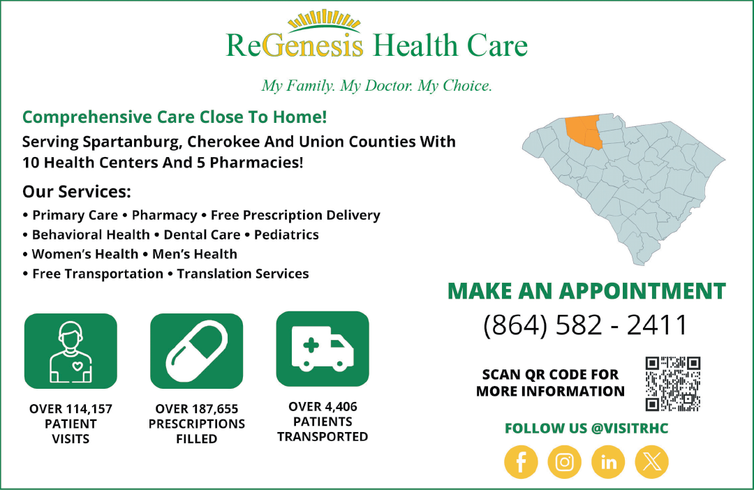 A flyer for Regenesis Health Care advertises their services in Spartburg and Union counties. They offer a wide range of healthcare services, including dental care, pediatrics, and pharmacies. The flyer also includes a map of the area they serve. AI generated content