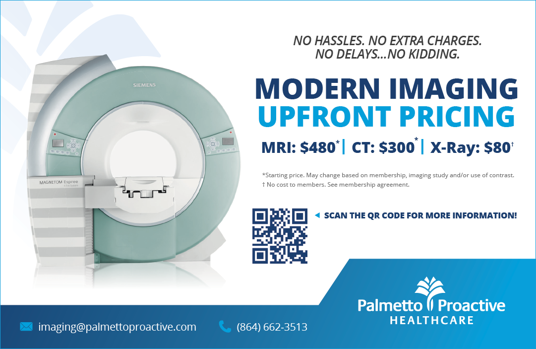 A large, modern MRI machine is shown in an advertisement for Palmetto Proactive Healthcare. AI generated content