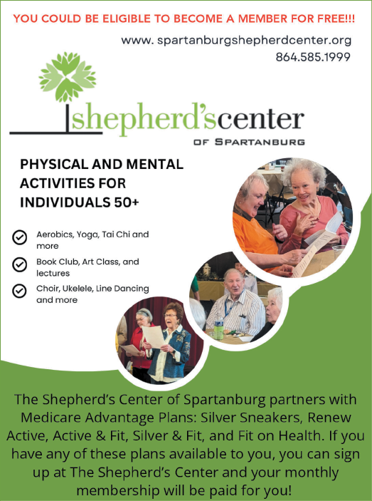 A flyer advertises the Shepherd's Center of Spartanburg, which offers physical and mental activities for individuals 50+. AI generated content