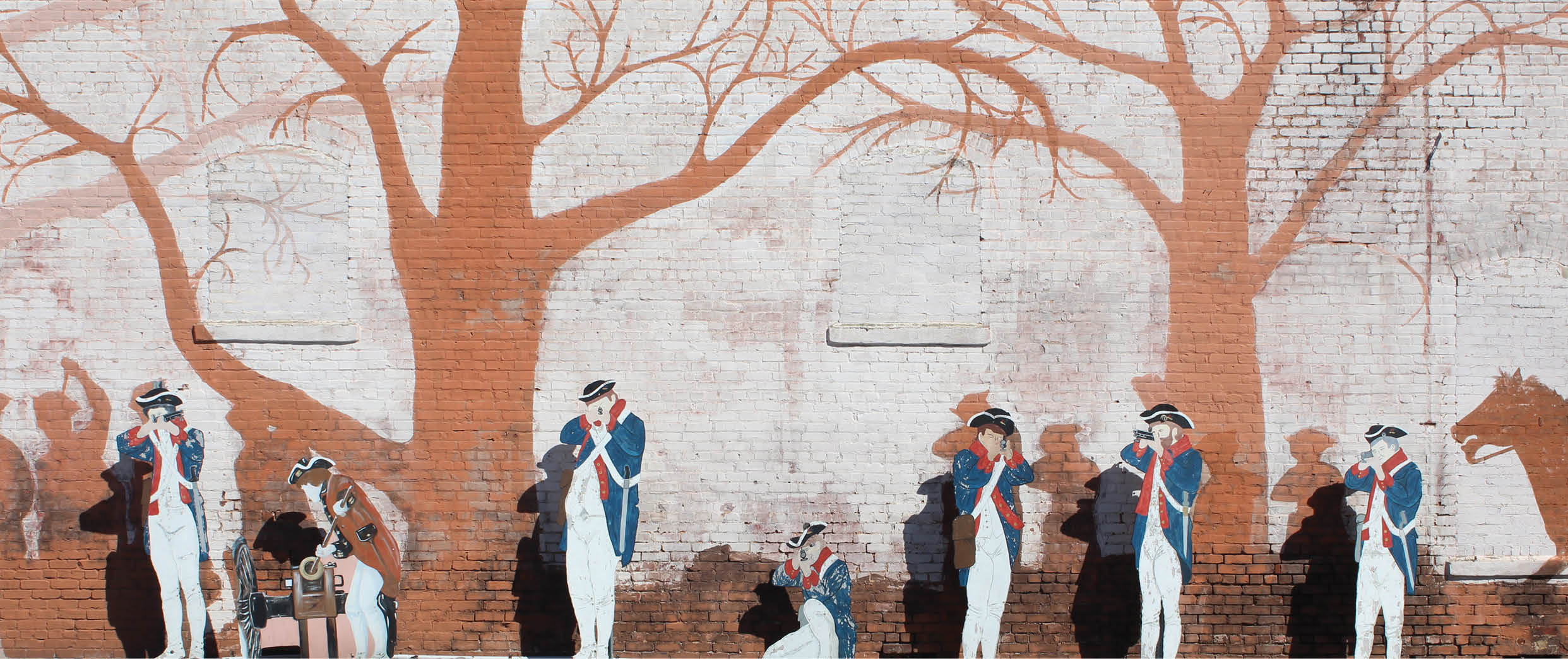 A mural of a group of people with a horse and a tree in the background. AI generated content