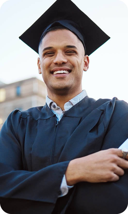 University, graduation and happy man with a diploma scroll standing outdoor of his campus. Education, scholarship and male graduate from Mexico with academic certificate or degree for college success.
