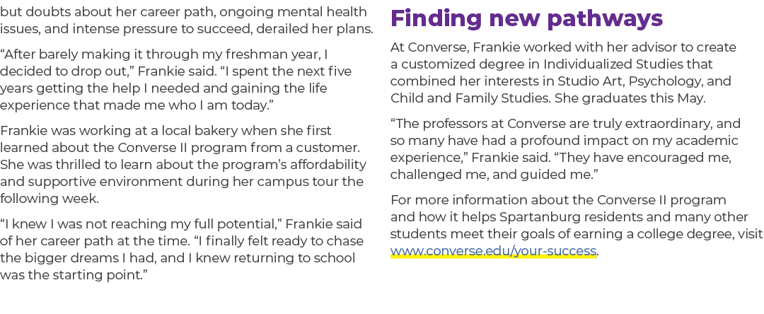but doubts about her career path, ongoing mental health issues, and intense pressure to succeed, derailed her plans. ...