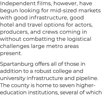 Independent films, however, have begun looking for mid sized markets with good infrastructure, good hotel and travel ...