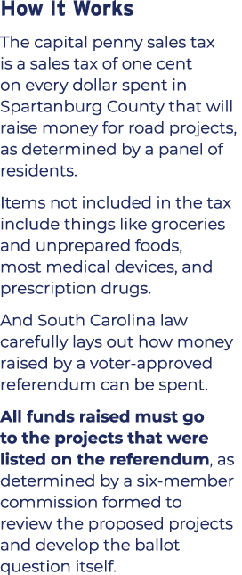 How It Works The capital penny sales tax is a sales tax of one cent on every dollar spent in Spartanburg County that ...