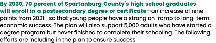 By 2030, 70 percent of Spartanburg County’s high school graduates will enroll in a postsecondary degree or certificat...