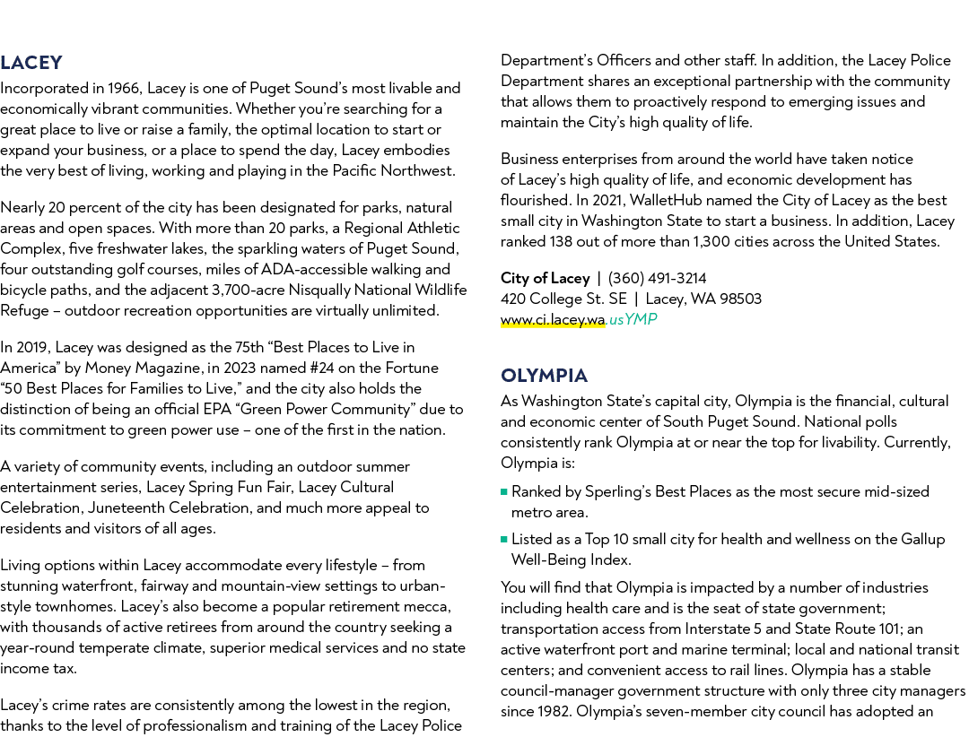 LACEY Incorporated in 1966, Lacey is one of Puget Sound’s most livable and economically vibrant communities. Whether ...