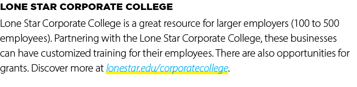 Lone Star Corporate College Lone Star Corporate College is a great resource for larger employers (100 to 500 employee...