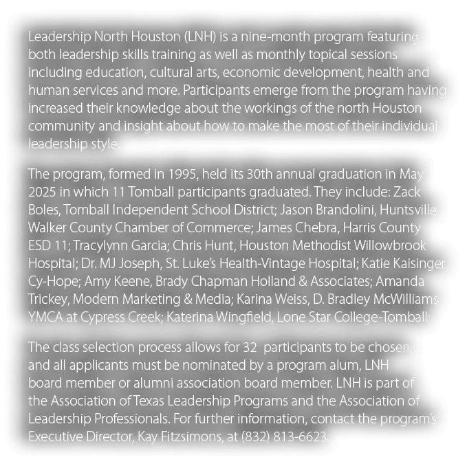 Leadership North Houston (LNH) is a nine month program featuring both leadership skills training as well as monthly t...