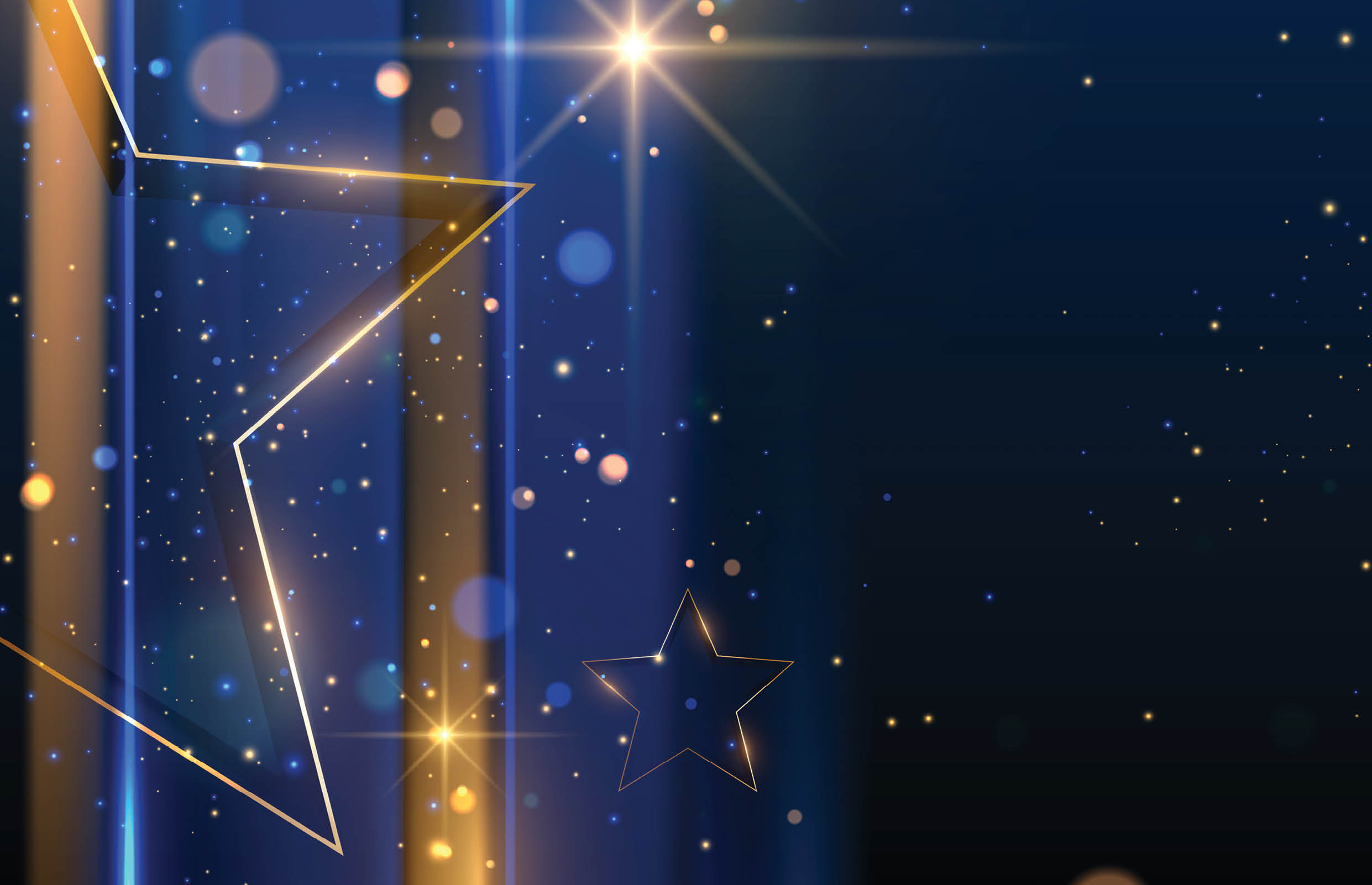 Awards ceremony scene with elegant golden star frame, blue luxury background.