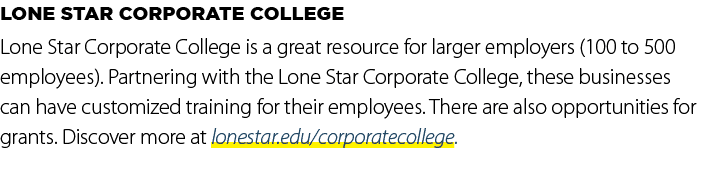 Lone Star Corporate College Lone Star Corporate College is a great resource for larger employers (100 to 500 employee...