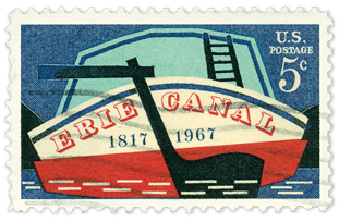 The 5-cent postage stamp commemorating the 50th anniversary of the opening of the Erie Canal was released in 1967.