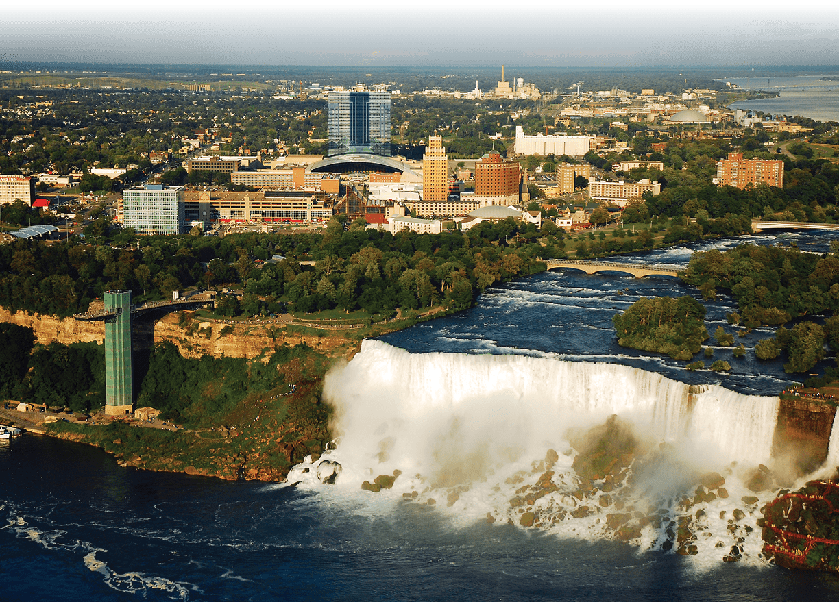 An aerial view shows the American Falls and the city of Niagara Falls, New York, as seen from the Canadian side