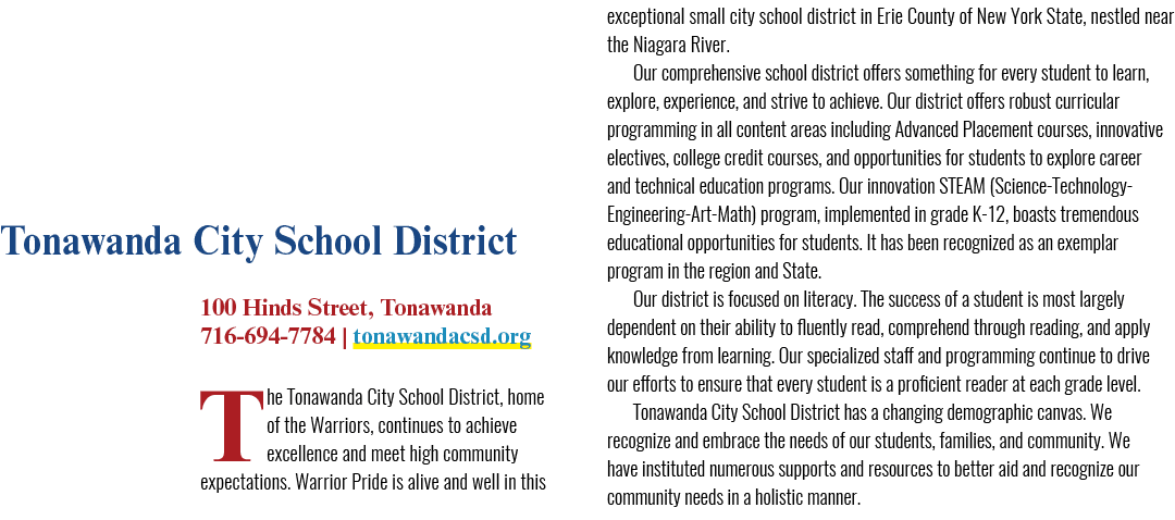 Tonawanda City School District 100 Hinds Street, Tonawanda 716 694 7784 | tonawandacsd.org The Tonawanda City School ...