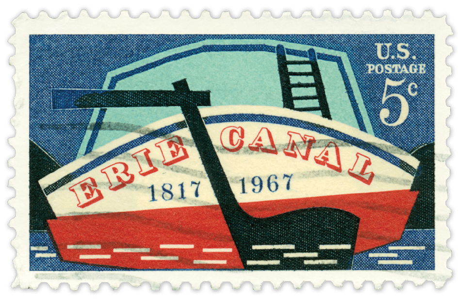 The 5-cent postage stamp commemorating the 50th anniversary of the opening of the Erie Canal was released in 1967.