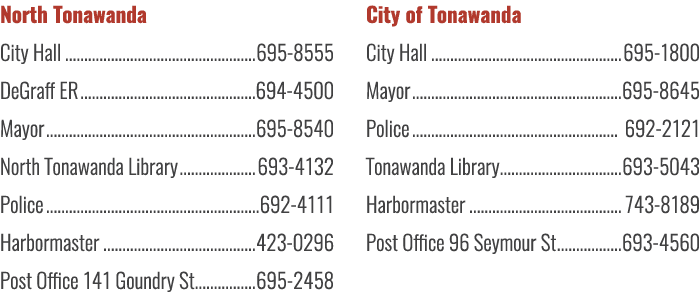 North Tonawanda City Hall 695 8555 DeGraff ER 694 4500 Mayor 695 8540 North Tonawanda Library 693 4132 Police 692 411...