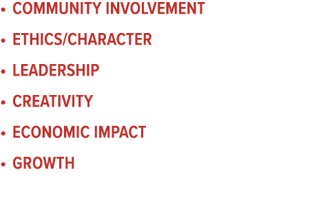• COMMUNITY INVOLVEMENT • ETHICS/CHARACTER • LEADERSHIP • CREATIVITY • ECONOMIC IMPACT • GROWTH
