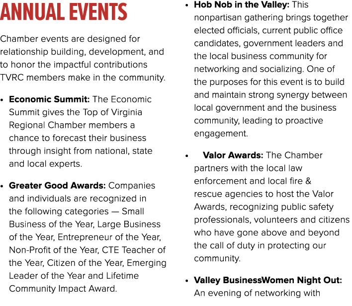 Annual Events Chamber events are designed for relationship building, development, and to honor the impactful contribu...