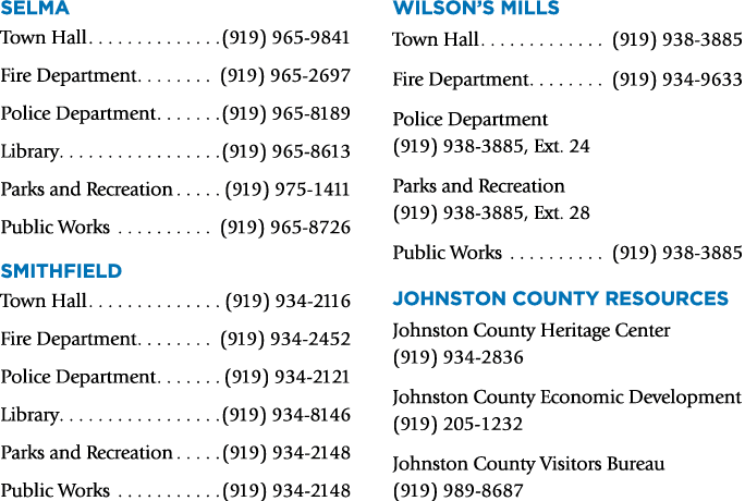 Selma Town Hall (919) 965 9841 Fire Department (919) 965 2697 Police Department (919) 965 8189 Library (919) 965 8613...