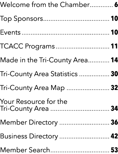 Welcome from the Chamber 6 Top Sponsors 10 Events 10 TCACC Programs 11 Made in the Tri County Area 14 Tri County Area...