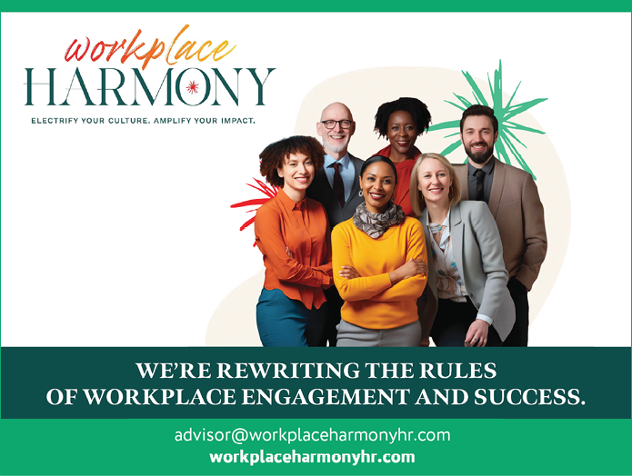 A group of five people are posing for a photo. They are all wearing business attire, with some of them wearing ties. The photo is being used to advertise a service related to workplace harmony. AI generated content