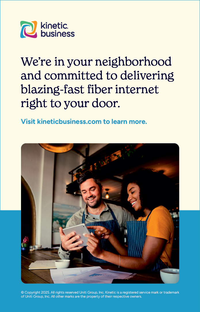 A man and woman are shown on a poster, both holding cell phones. The woman is wearing an apron. The advertisement is for a company called Kinetic Business. AI generated content