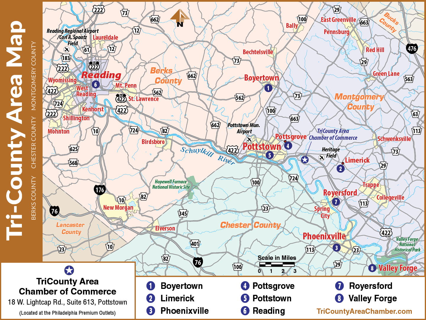 A map of Triple County Area, including the counties of Reading, Pottsville, and Phoenixville. AI generated content