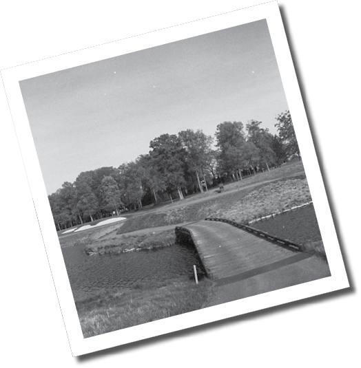 A black and white photo of a golf course with a bridge crossing a stream. AI generated content